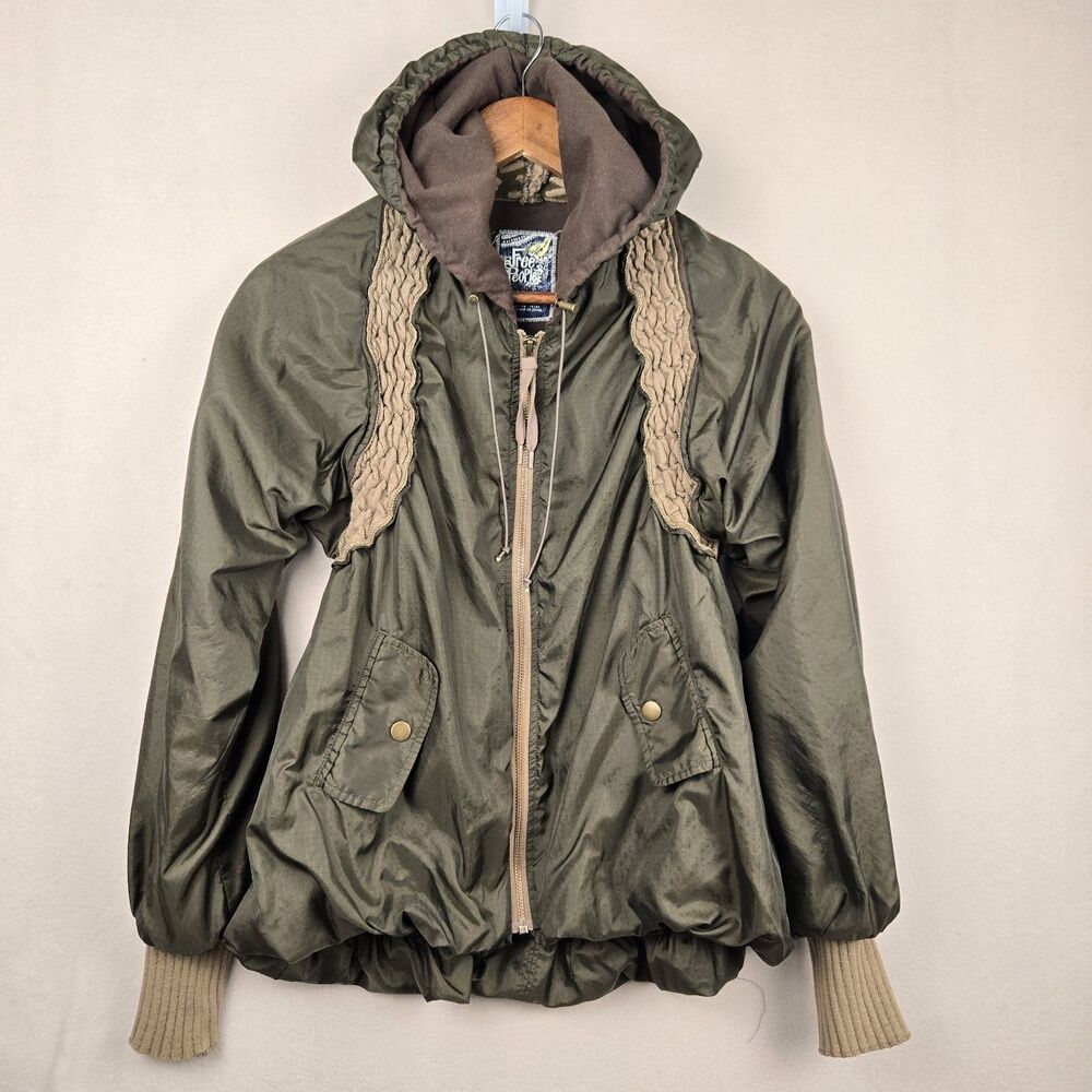 VTG Free People Ripstop Nylon Cuffed Hooded Jacket Coat Size Small Crochet Green